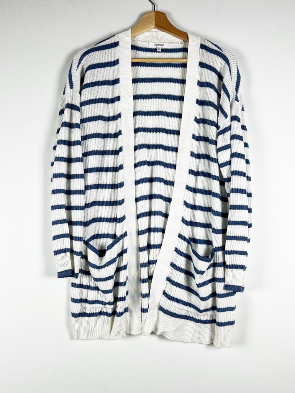 Splendid Collection Luna Blue White Ribbed Knit Stretch Open Front Cardigan S